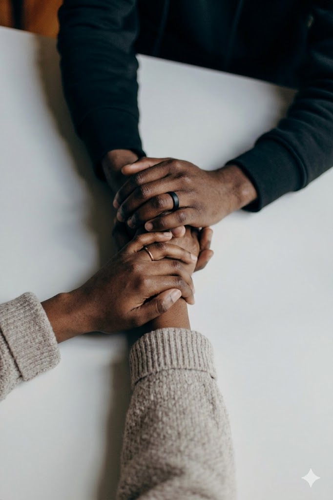 Two pairs of hands clasped across a table in a moment of supportive connection.