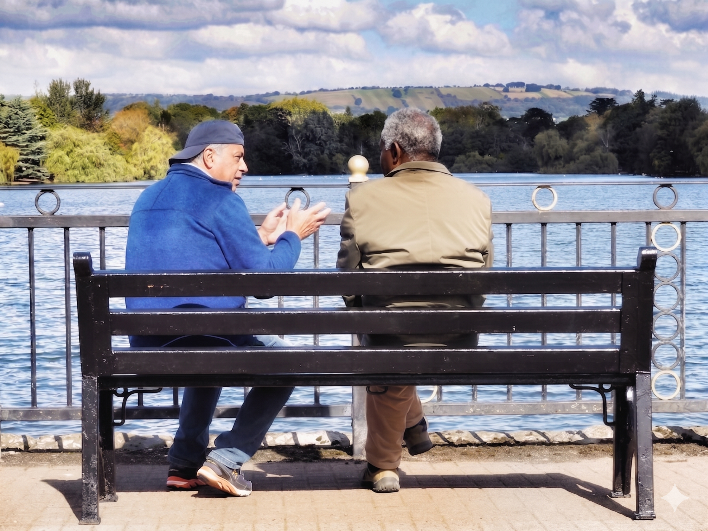 Two older friends sitting together on a bench by the water.